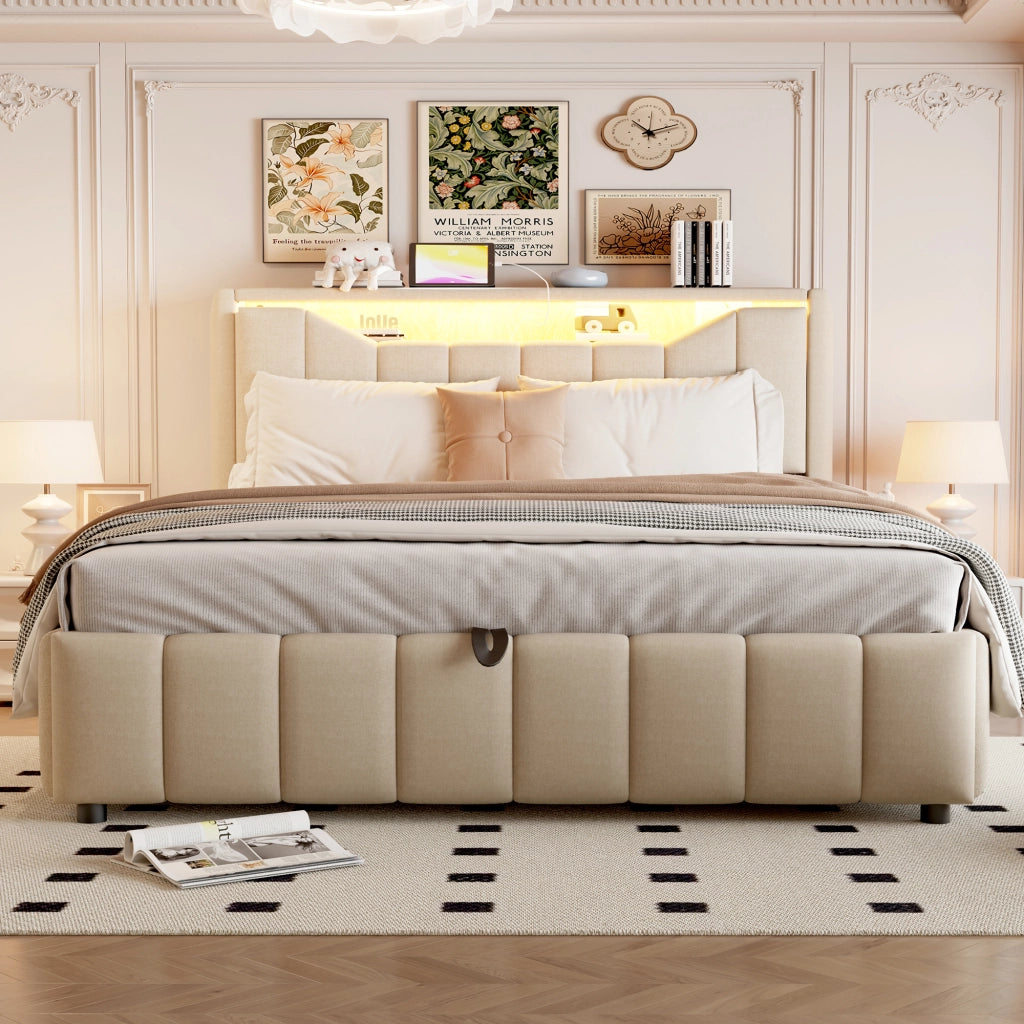 Letto imbottito 140x200 cm con contenitore; LED e porte USB in tessuto beige