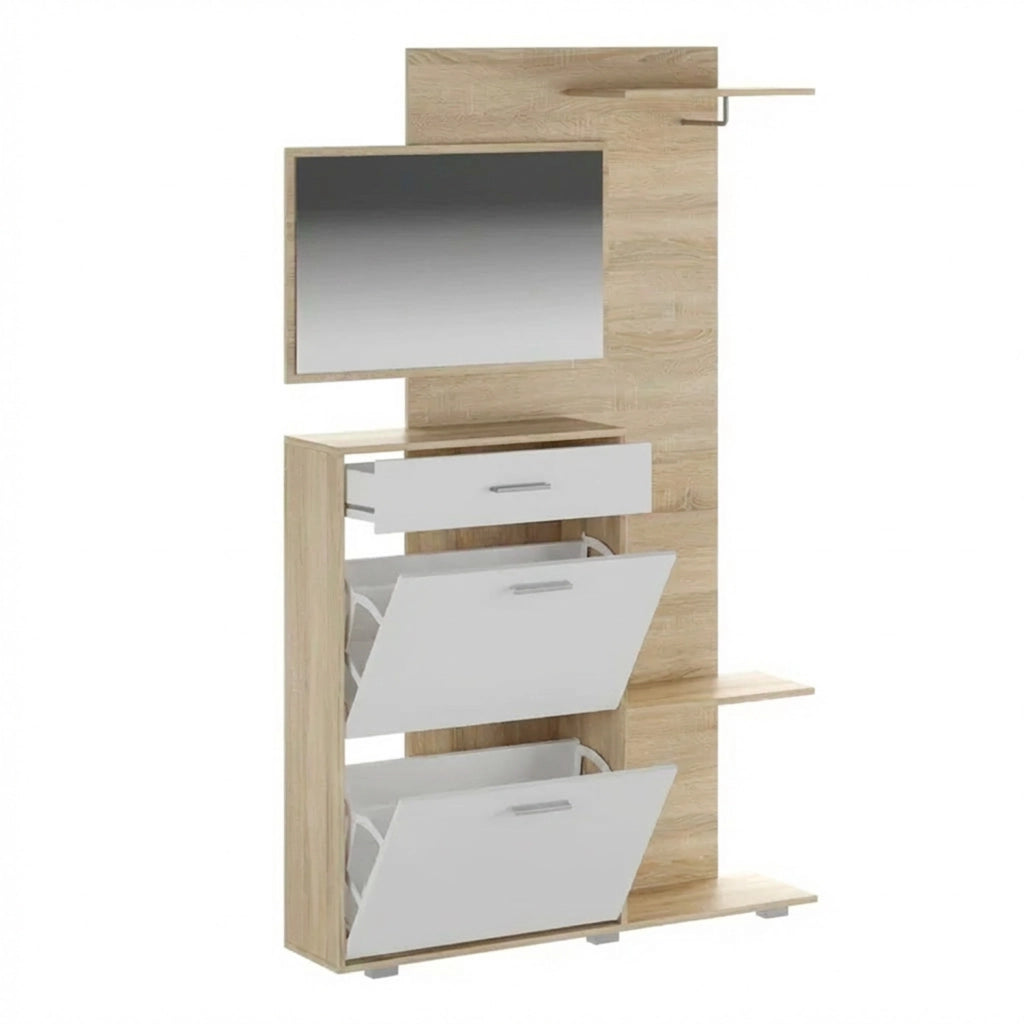 Ingresso Scarpiera Con Specchio 2 Ante A Ribalta Cassetto Appendiabiti E Mensola Mobile Salvaspazio Moderno Per Ingresso Corridoio Stile Nordico 192 X 120 X 24.5 Cm Rovere E Bianco