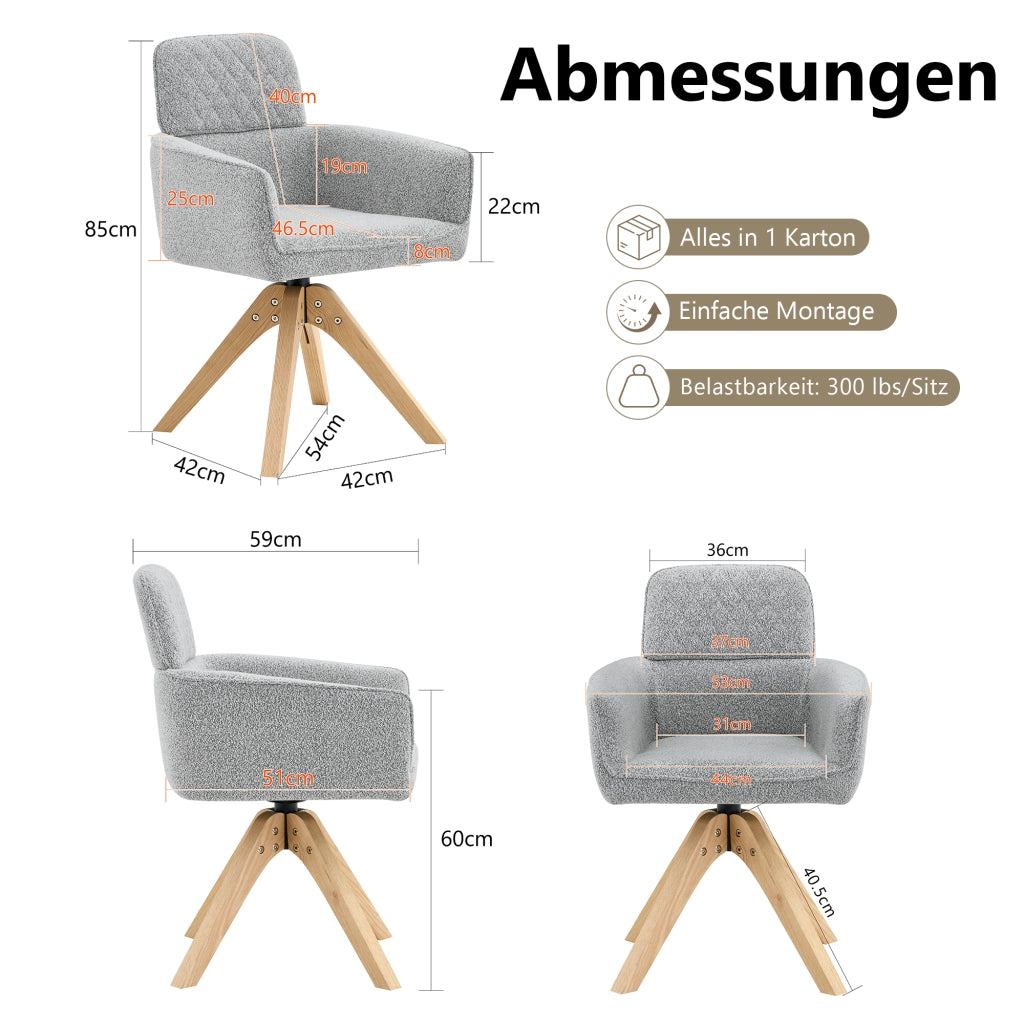 SEDIA Girevole 360° Set da 2 pezzi 85 cm Tessuto grigio e legno massello