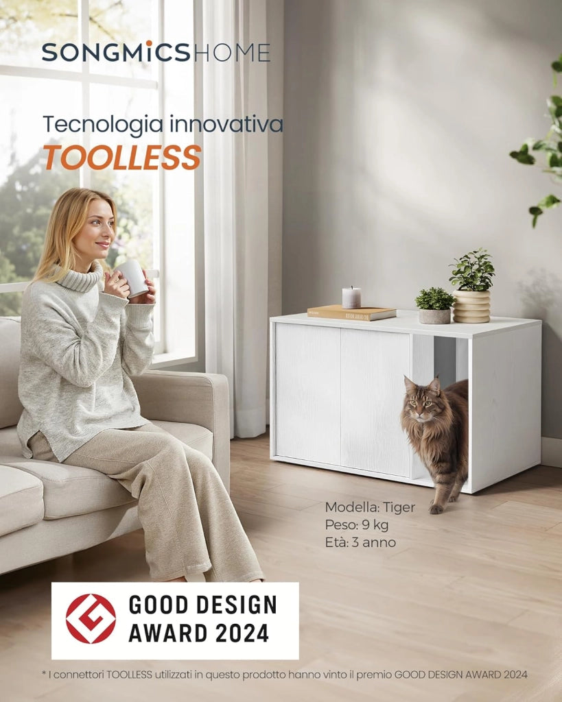 Montaggio Super Veloce Senza Attrezzi, Armadietto per Lettiera, Casetta per Gatti Grandi, Porte a Spinta per Aprire, Tecnologia TOOLLESS, Bianco Neve PCL013W01