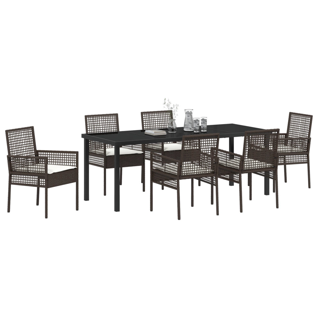 Set giardino 7 pezzi con cuscini in polyrattan marrone