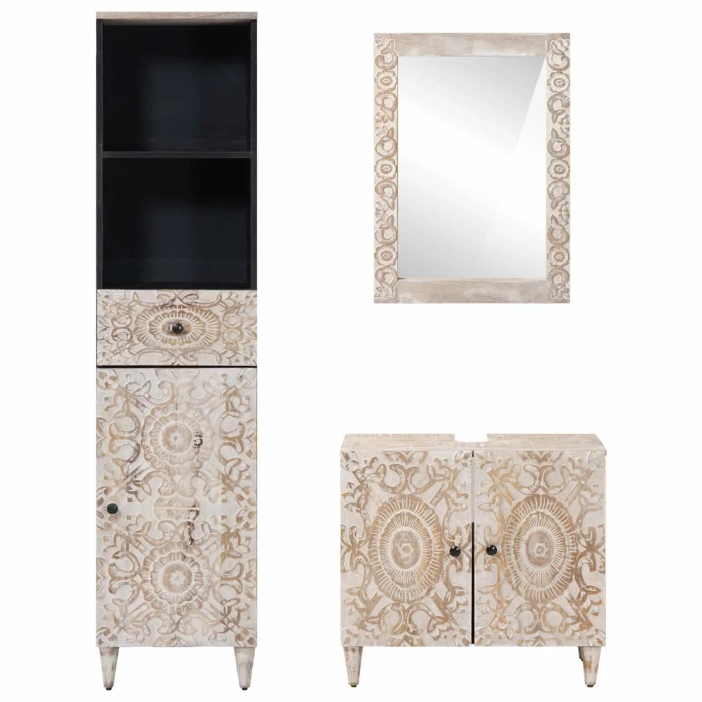 Set di mobili per il bagno 3 pcs Bianco Legno di mango massello