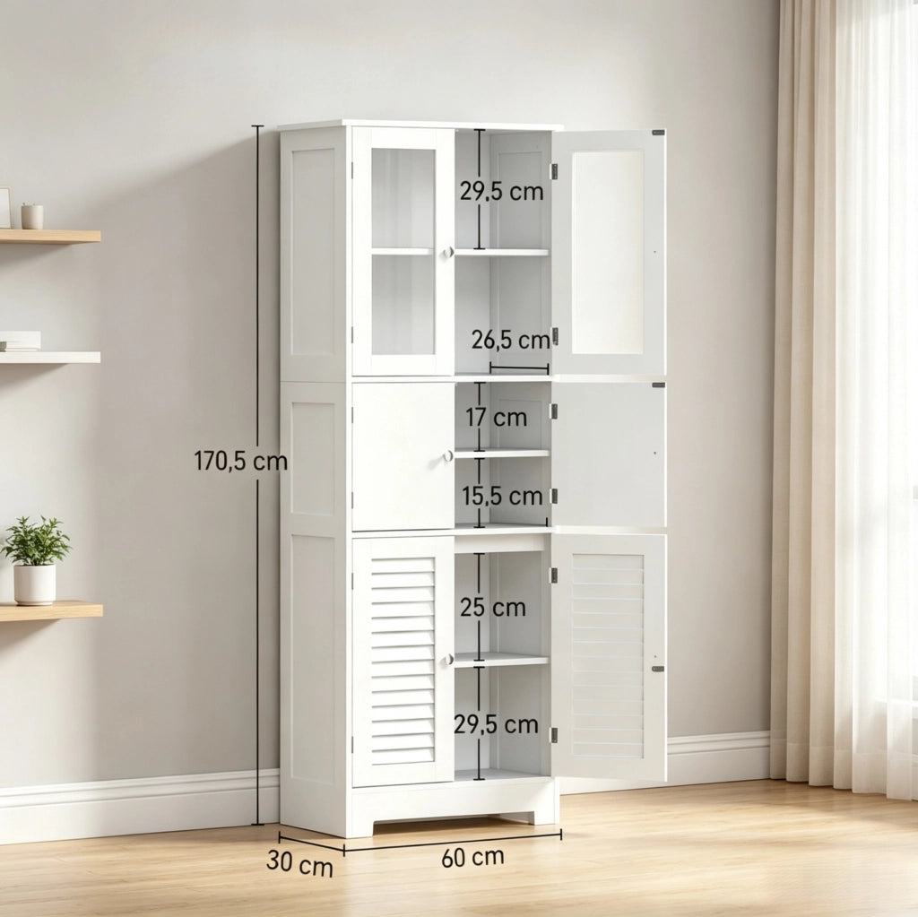 MOBILE BAGNO Autoportante 60x30x170,5 cm MDF Bianco con 6 ante
