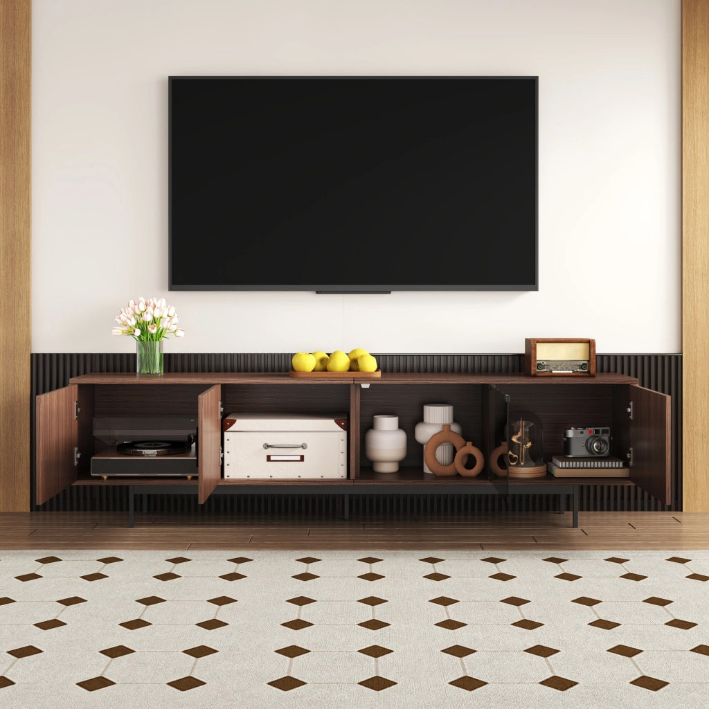 Mobile TV con texture intagliata, barra LED e anta in vetro temperato