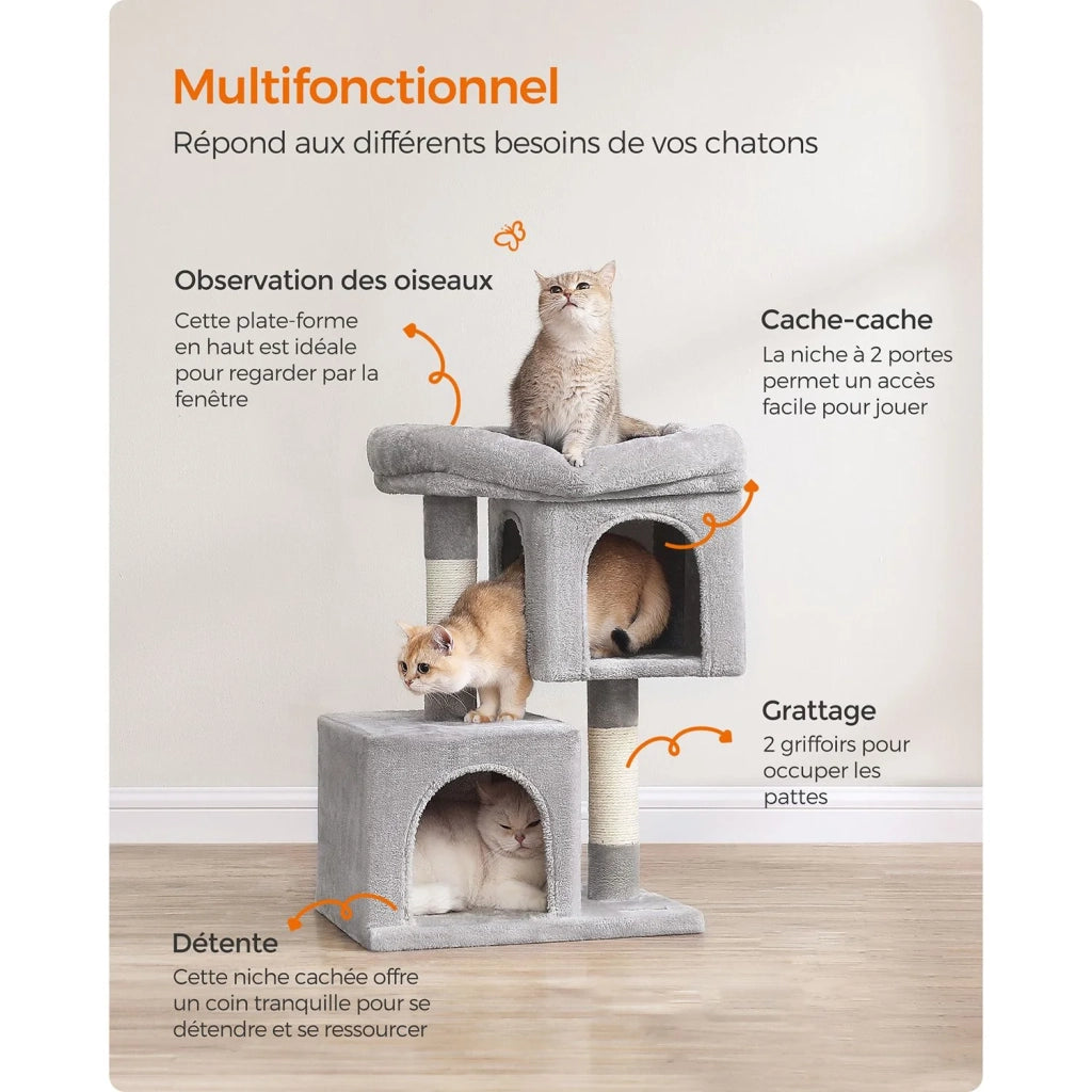 Tiragraffi per gatti torre da gioco 67 cm casetta per gattini fino a 3 kg grande piattaforma 2 nicchie tiragraffi grigio chiaro 12_0003896