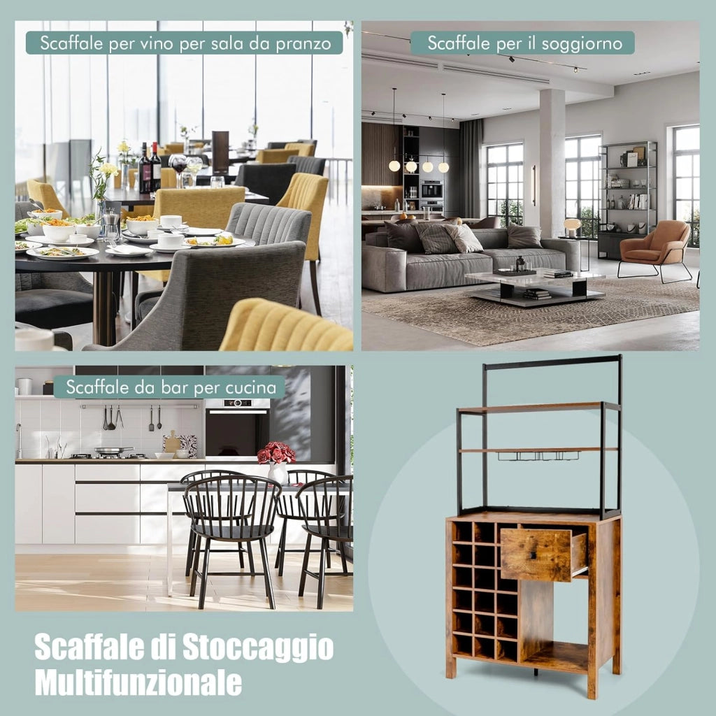 Mobile da Cucina con Cassetto, 4 Livelli Ripiani Aperti e Portabottiglie, Credenza Cucina in Legno e Metallo, per Fino a 18 Bottiglie, per Sala da Pranzo, Soggiorno, 78 x 40 x 160 cm