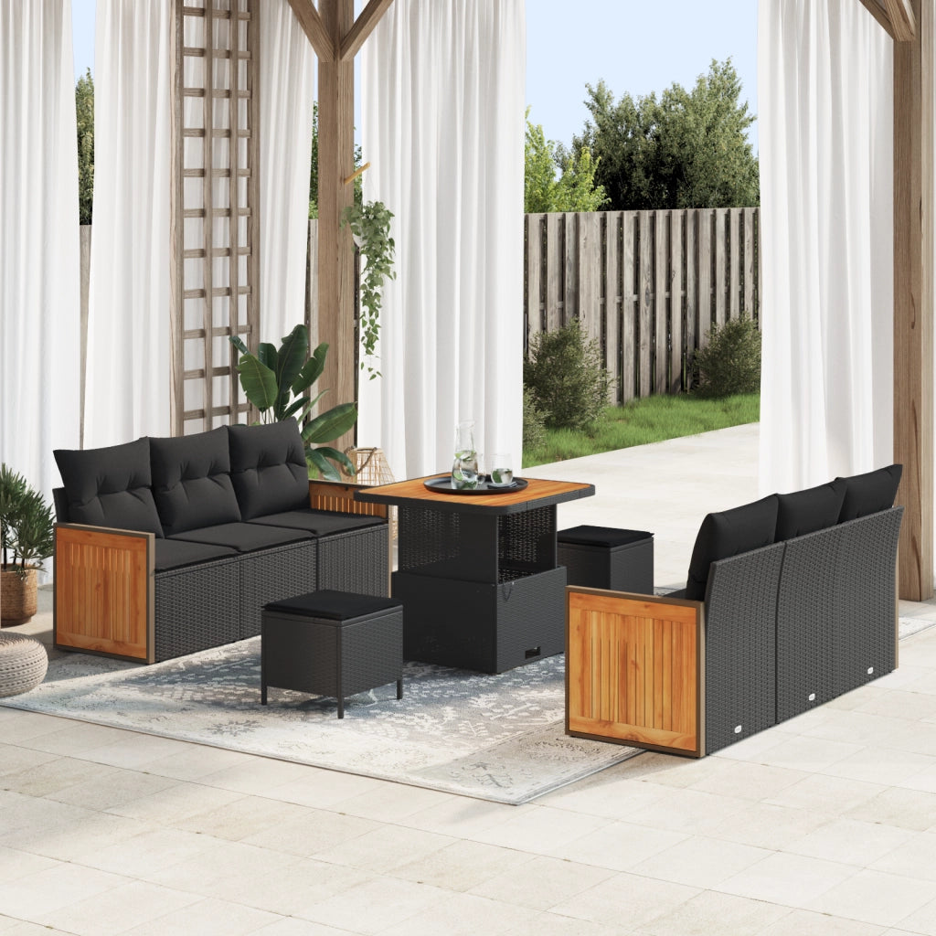 Set Divano da Giardino  9 Pezzi con Cuscini Nero Polyrattan Acacia