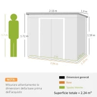 Capanno Attrezzi con Tetto Inclinato, 2 Ingressi e Prese d'Aria, in Acciaio Zincato, 213x130x172 cm, Grigio