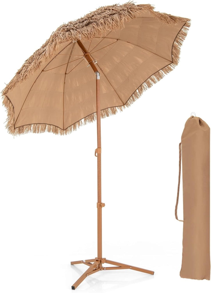 Ombrellone in Paglia PP da 200 cm, Ombrellone da Spiaggia Hawaiano con Inclinazione Regolabile, con Base Pieghevole, Borsa per il Trasporto, per Giardino Piscina