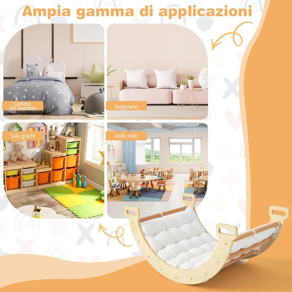 Arco da Arrampicata per Bambini, 2 in 1 Altalena ad Arco in Legno con Cuscino Morbido, Doppia Faccia, Ideale per Bambini 1+ Anni (Naturale)