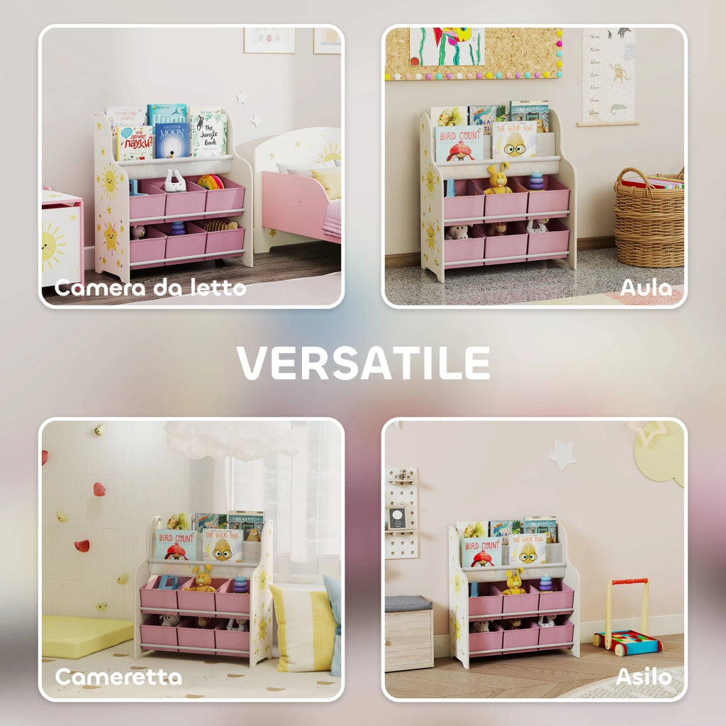Scaffale Portagiochi con 6 Cassetti in Tessuto e Libreria a 2 Livelli, in Legno e Acciaio, 63x30x71 cm, Rosa