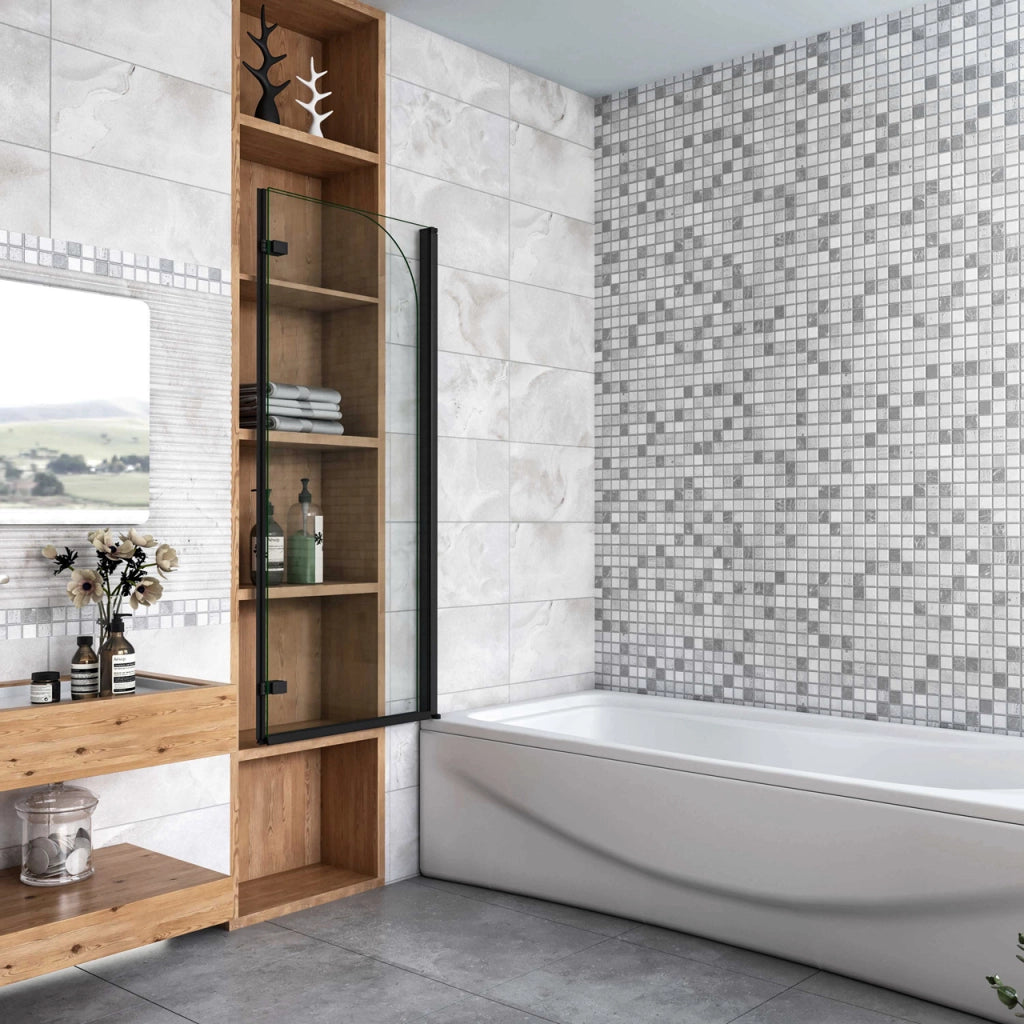 Sopravasca da Bagno Parete Vasca Doccia 120x140 cm Due Ante Movibili Vetro Temperato Trasparente 6 mm Anticalcare Telaio Nero Opaco