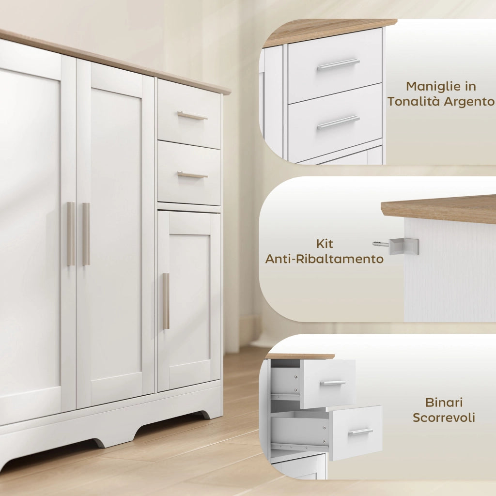 Credenza Moderna Buffet 100x40x78 cm con 2 Cassetti e 2 Armadietti in Legno Bianco e color Legno