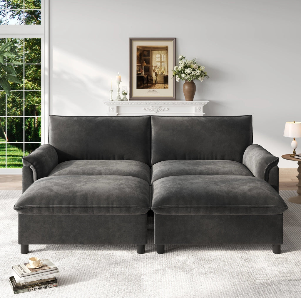 Divano modulare 216x77x82 cm in chenille grigio con 2 pouf, per salotto –
