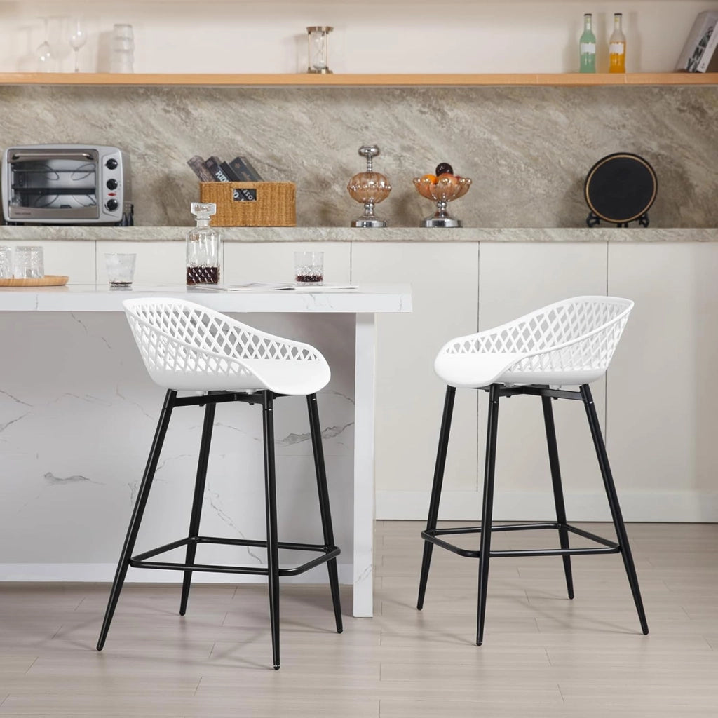 Sgabelli da Bar Set di 4, Sgabelli da Bar per Colazione, Sgabelli da Cucina con Poggiapiedi e Schienale, Sgabelli Alto con Seduta in Plastica, Bianco, BH417ws-4