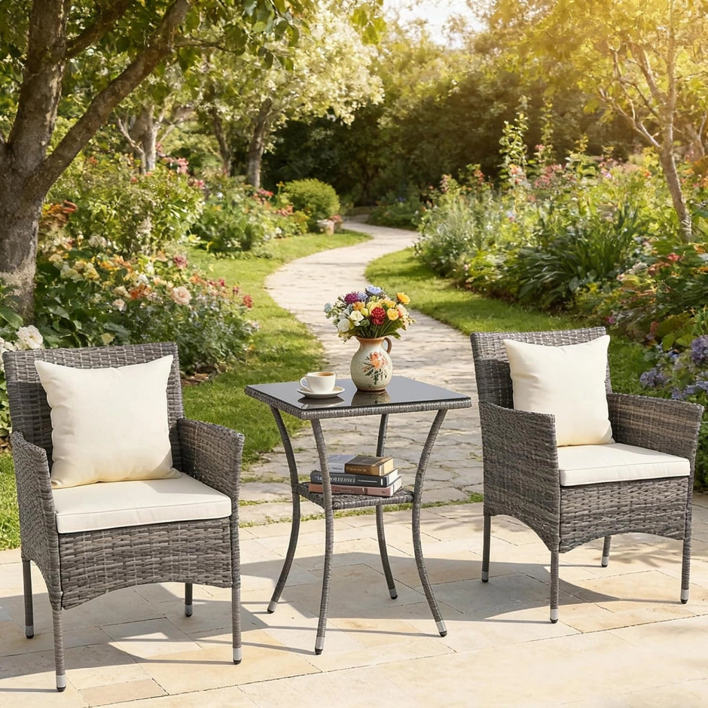 Set Mobili Salotto da Giardino Esterno in Rattan, 1 Tavolino con Piano in Vetro Temperato Portato fino a 45 kg, 2 Poltrone con Cuscino fino a 180 kg