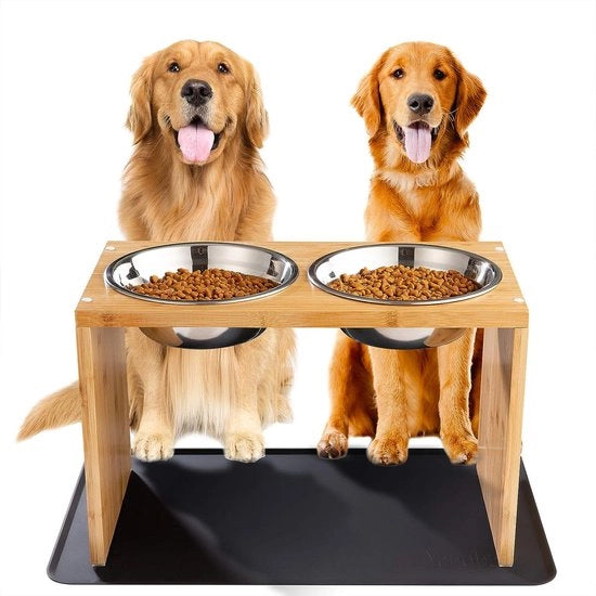 Pavimento alimentare per cani in bambù, ciotola per cani, 2 ciotole in acciaio inox con panno di silicone, dispenser alimentare elevato per cani di taglia media e grande