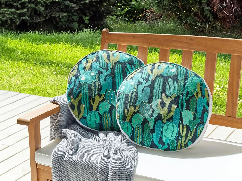 Set di 2 cuscini da giardino in poliestere verde con motivo a cactus 40 cm, rotondi, moderni e resistenti all'acqua.