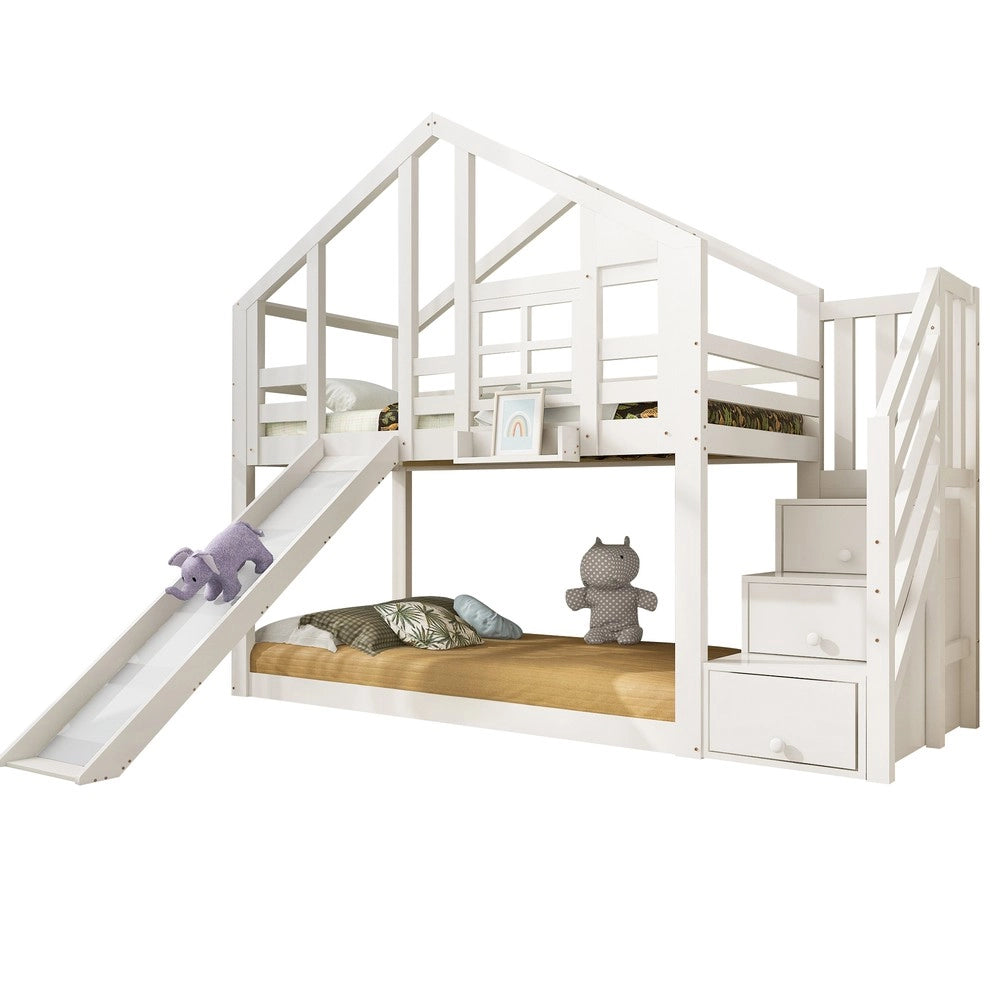 Letto a Castello Casetta 90x200 con Scivolo e Rete a Doghe ¨C MINIMAL ¨C Bianco