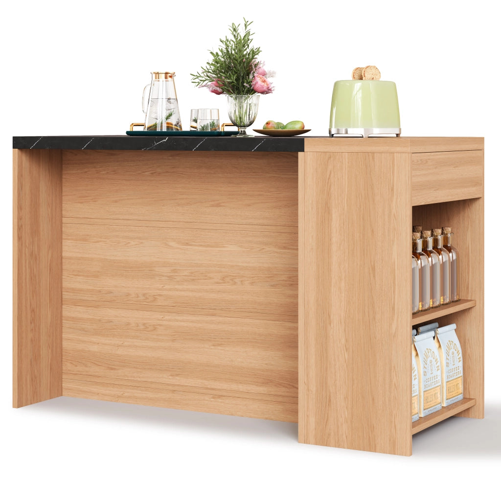 Isola Cucina con Bartisch e Piano in Marmo ¨C MINIMAL ¨C Rovere e Nero, 5 Ripiani, Cassetto, 140x60x90