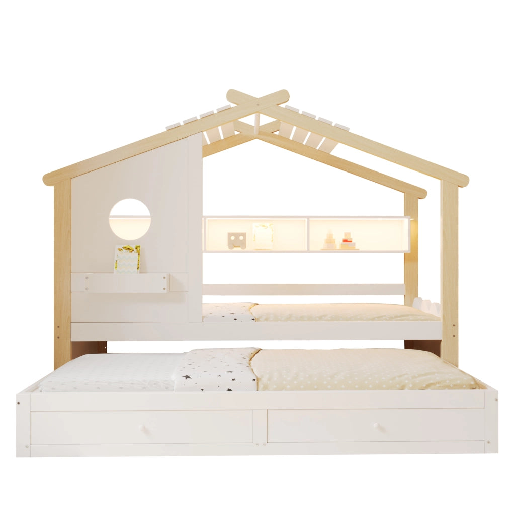 Letto Singolo per Bambini con Letto Estraibile ¨C MINIMAL ¨C Bianco, LED, USB, Cassetti, 90x200