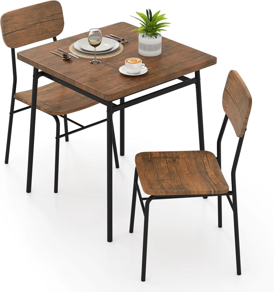 Tavolo da pranzo con 2 sedie, tavolo da pranzo per 2 persone, 70 x 70 cm, tavolo da pranzo con ripiano, gruppo da pranzo con telaio in metallo, set da cucina (marrone usticale)