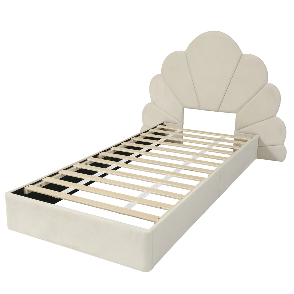 Letto singolo imbottito ULEVR 90x200 cm con testiera a petali e tavolini laterali, velluto beige