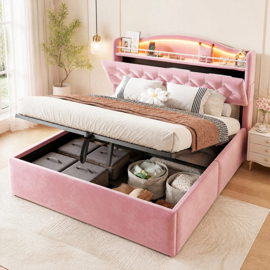 Letto contenitore matrimoniale con USB; USB-C; LED e vani testiera 140 × 200 cm; senza materasso