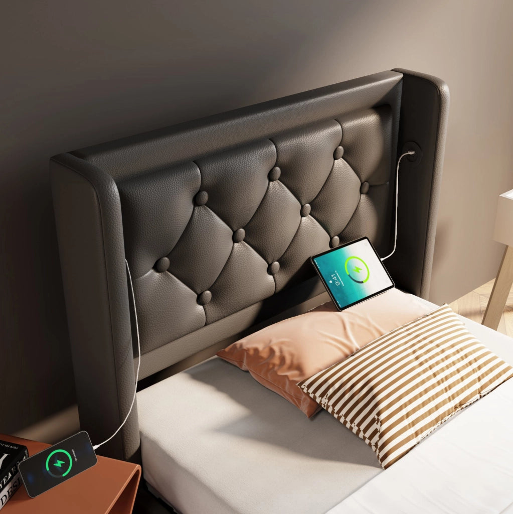 Letto imbottito singolo 90x200 cm con contenitore, LED e porte USB/USB-C