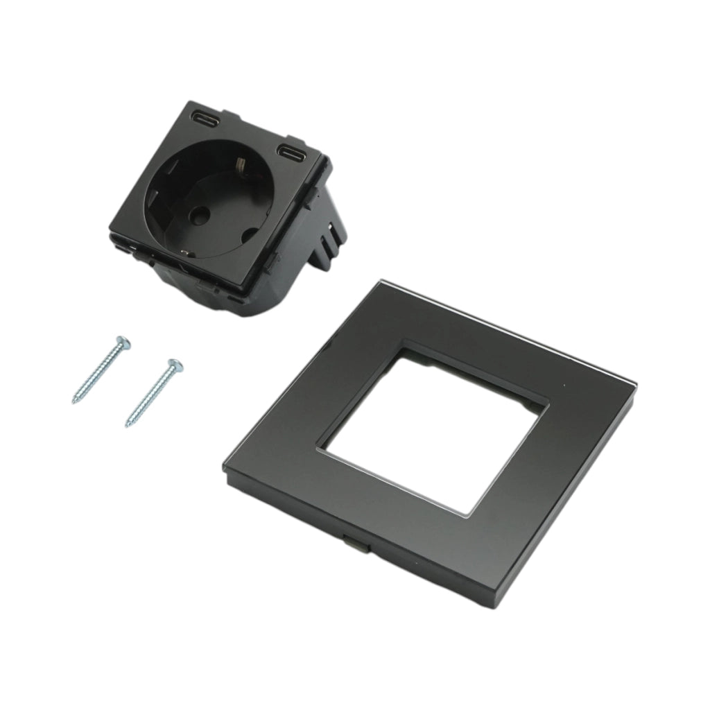 Presa Schuko nera 220V, 16A, 2xUSB-C 20W ricarica rapida, cornice in vetro 86x86x34mm