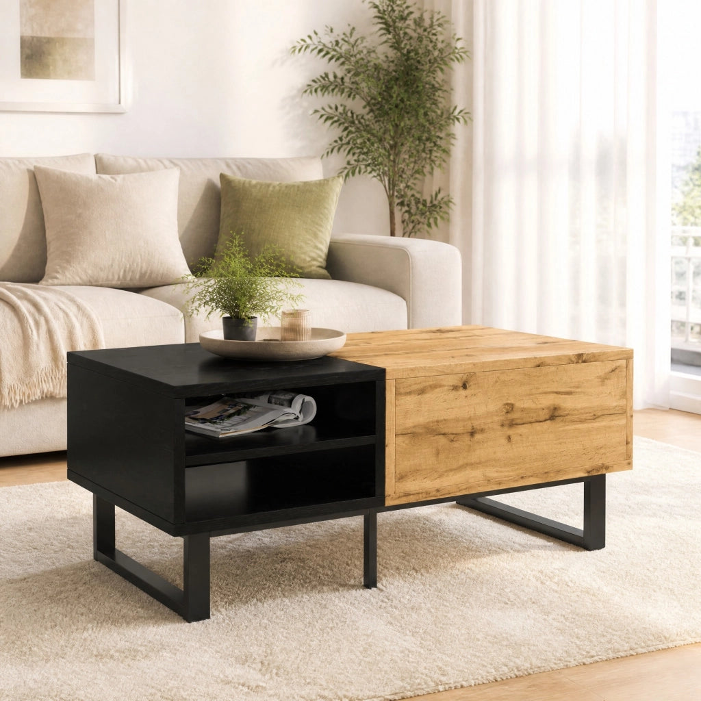 Tavolino basso con 3 vani aperti e cassetto pannello truciolare nero e legno 100 × 50 × 40 cm