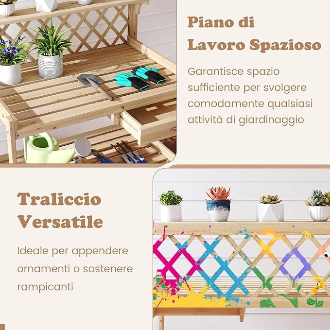 Tavolo per Piante in Legno, Tavolo da Giardino con Traliccio, Cassetto Rimovibile e Ripiano, Tavolino per Vasi di Fiori da Interno ed Esterno per Cortile, Balcone, Prato e Terrazzo