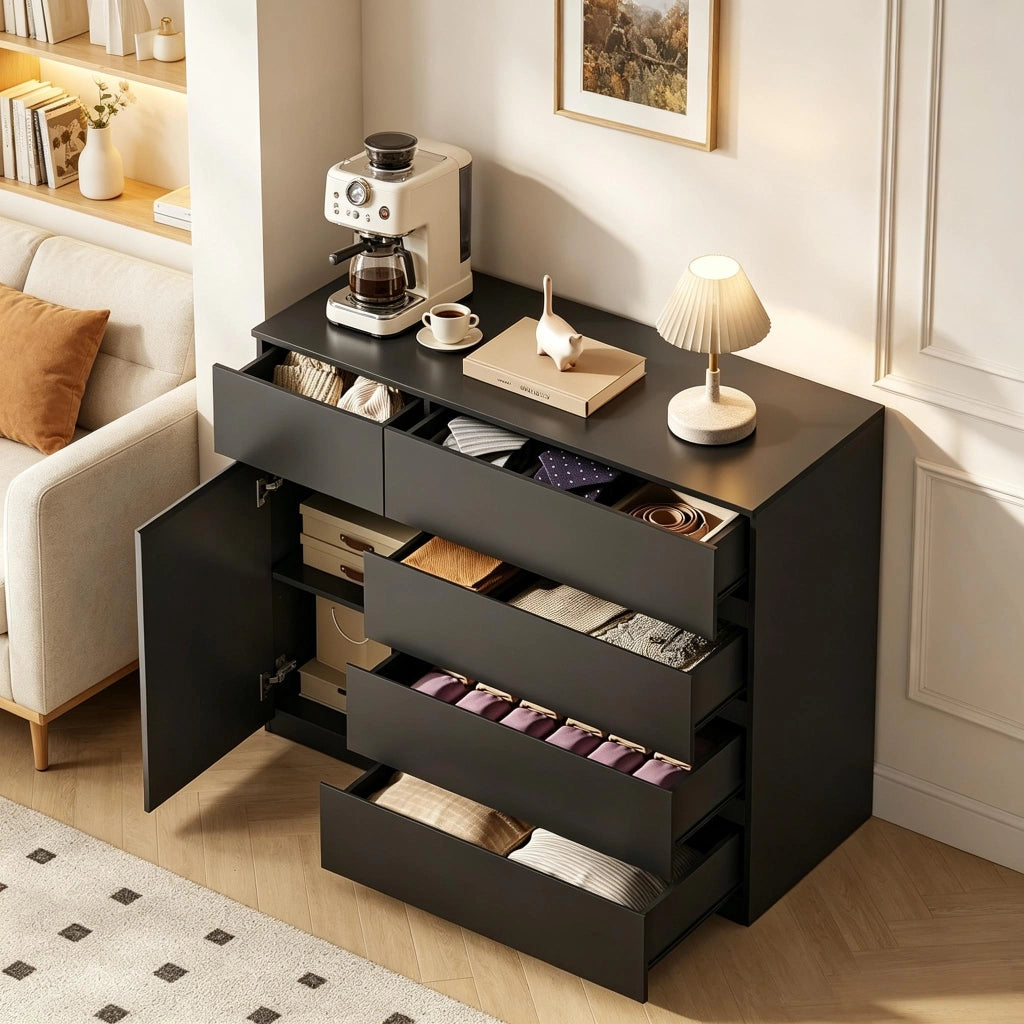 Cassettiera con 5 cassetti e 1 anta, ripiano regolabile e maniglie integrate, per camera e ingresso, 100×40×80 cm