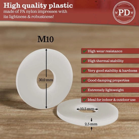 Raccordi plastici di chiusura M10 (DIN 9021 / ISO 7093) | Raccordi di nylon PA per iniezione | Raccordi plastici con diametro esterno grande | 100 pezzi