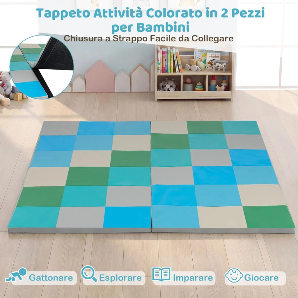 Tappeto Gioco Pieghevole, 144 x 144 cm, Tappetino da Ginnastica con Pelle Impermeabile, Tappeto da Pavimento per Cameretta (Blu+Verde)