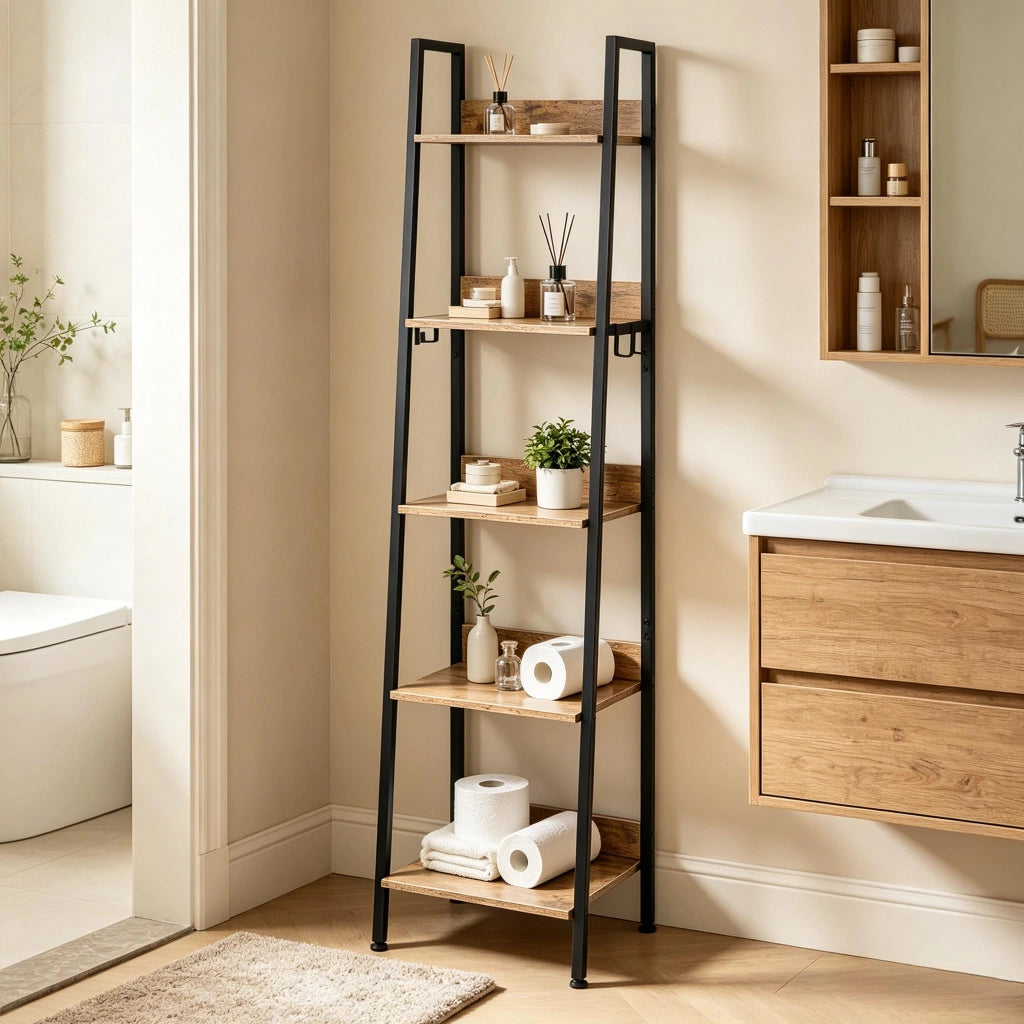 Libreria a 5 ripiani con ganci, per soggiorno e bagno, in MDF e metallo, nero e rovere scuro, 40 × 36 × 170 cm