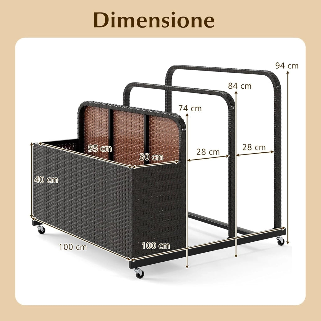 Carrello Archiviazione per Piscina in Rattan PE, Contenitore Esterno Impermeabile con 2 Portasciugamani e 4 Ruote, Portacoperte Giardino per Boe, Salvagenti, Cuscini e Asciugamani (Marrone)