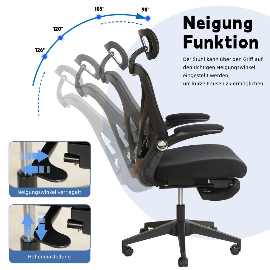 Chaise de bureau ergonomica pieghevole con supporto lombare e poggiatesta 3D in schiuma nera 65 × 61 × 40,5 cm