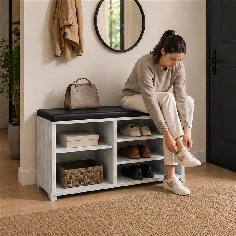 SCARPIERA IN MDF COLOR BIANCO LEGNO CON RIPIANI E SEDUTA IN SIMIL PELLE NERA DIMENSIONI 80X30X47 CM