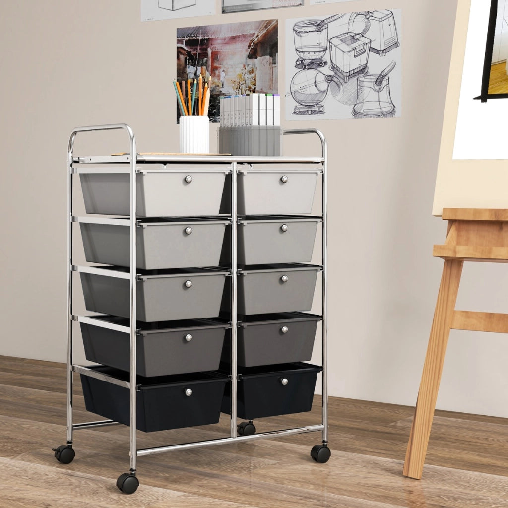 Carrello a 10 cassetti multiuso con ruote, Organizzatore per carta da scrapbooking e utensili da ufficio Nero e argento
