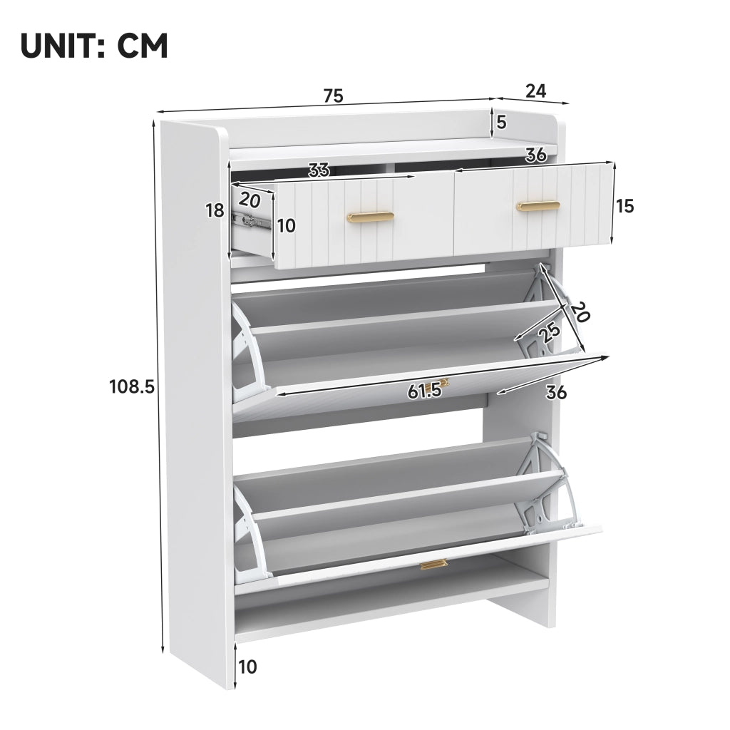 Scarpiera con 2 ante a ribalta, 1 cassetto e vano aperto, per ingresso, in truciolare, bianco, 75 × 24 × 108,5 cm