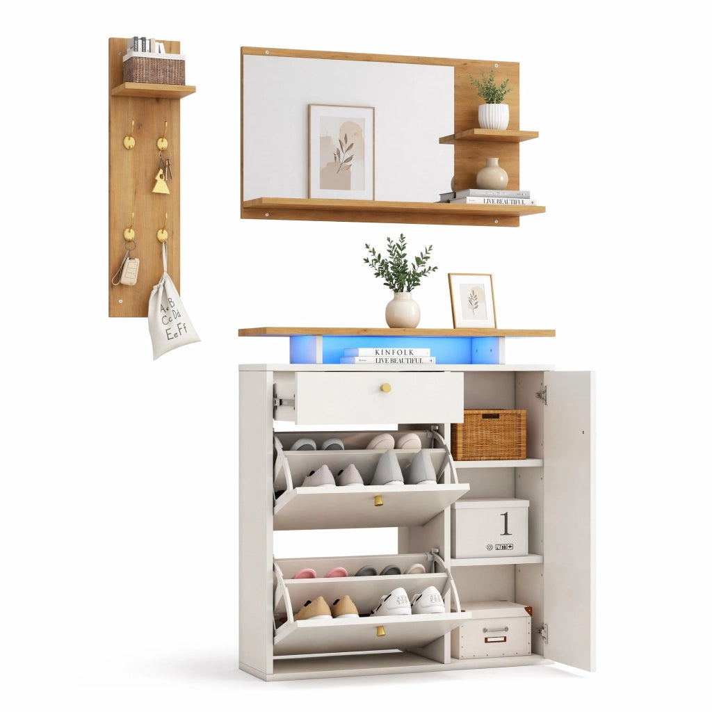 Set ingresso 3 pezzi con specchio; scarpiera; appendiabiti; LED e USB; bianco