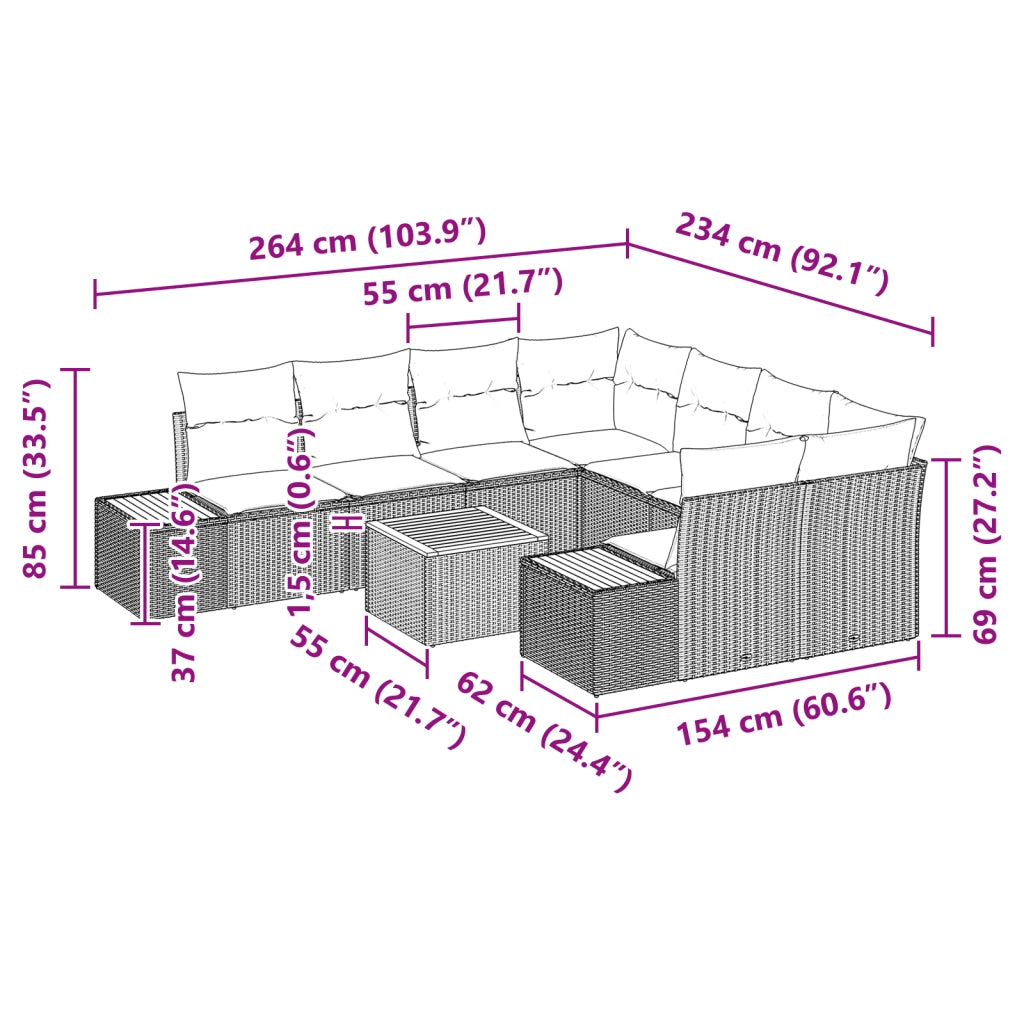 Set Divano Giardino 9 Pezzi con Cuscini Nero in Polyrattan e Acacia
