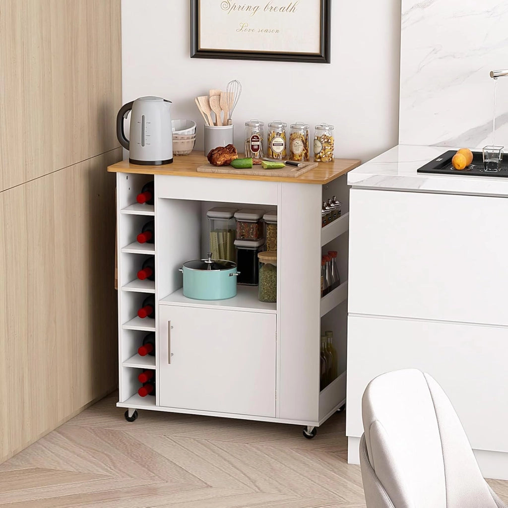 Carrello da Cucina con Ruote, Isola da Cucina con Scomparti Portabottiglie a 6 Scomparti, Portaspezie e Portasciugamani, 76x44x89 cm (Bianco)