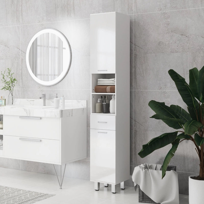 Mobile bagno alto bianco con cassetto, ripiani regolabili e 2 ante, 30x30x180 cm