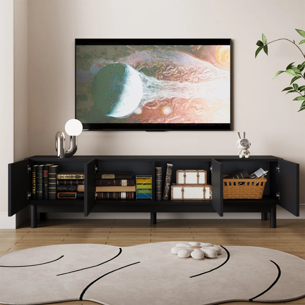 OKWISH Mobile TV con 4 Ante e Ripiani, Frontali Ondulati senza Maniglie, per Soggiorno, MDF e Pannelli di Particelle, Nero, 169 × 34 × 45.5 cm