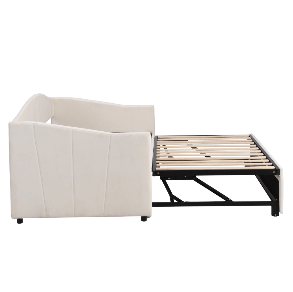 Divano letto 90x200 cm Estraibile; rete in legno; velluto beige; senza materasso