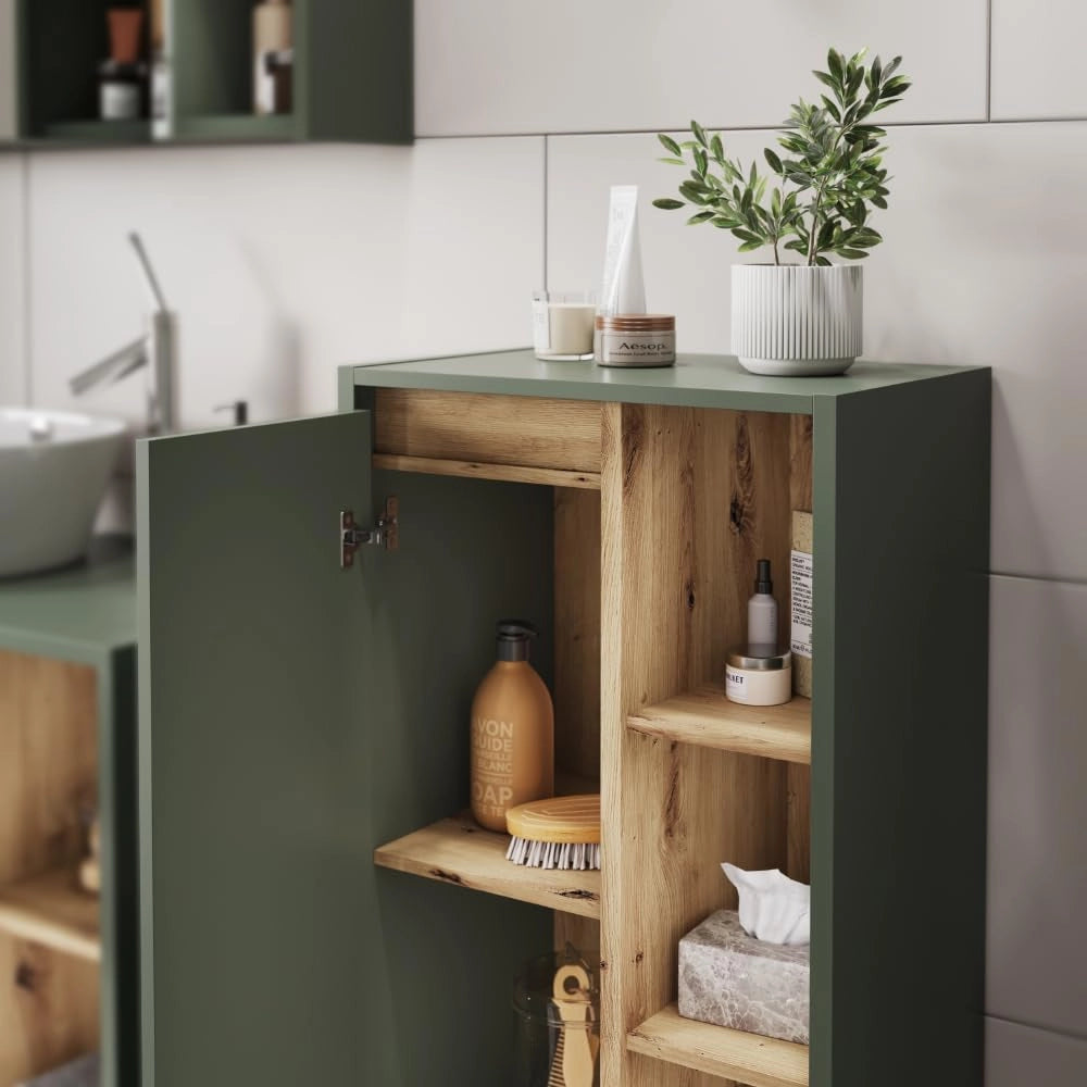 Mobiletto midi Viola, Verde/Artigianale, 50 x 86 cm con ripiani aperti, adatto per montaggio a parete e combinabile con la serie Viola