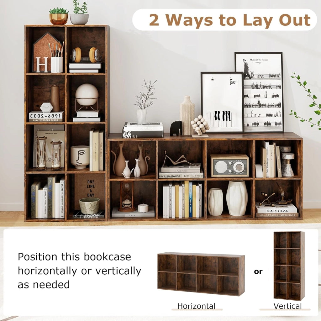 Libreria a 8 scomparti, scaffale autoportante con 2 fusibili ribaltabili, utilizzabile verticale/orizzontalmente, per soggiorno, studio, camera da letto, 121,5 x 29 x 61 cm (marrone)