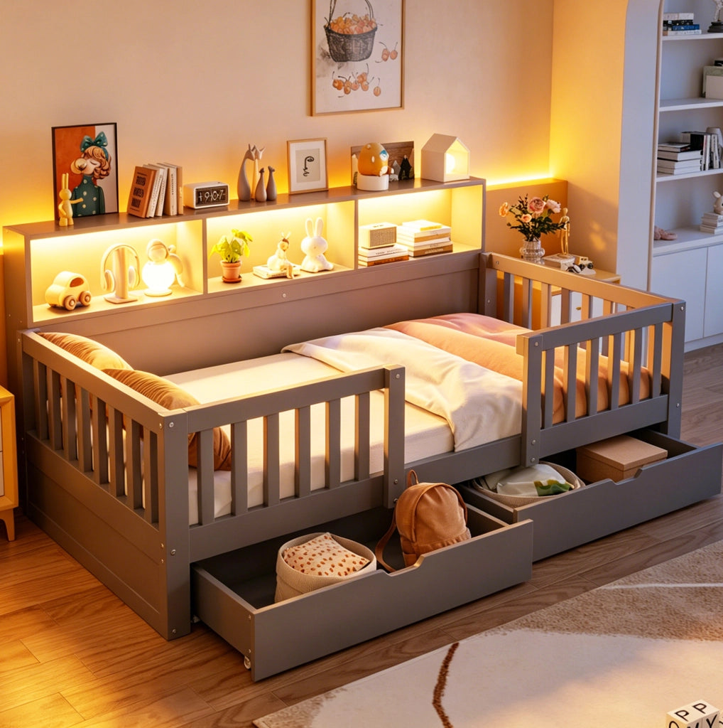 Letto per bambini 90x200 cm con sponda di sicurezza; cassetti; ripiani e LED; grigio